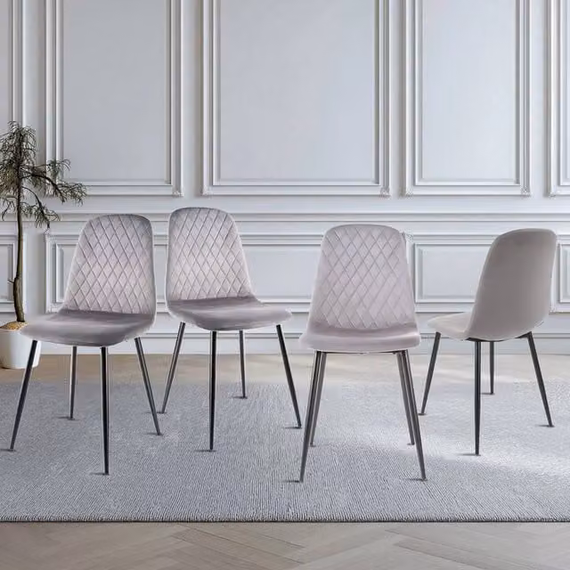 VOGREX Set of 4 Grey Velvet Dining Chairs with Padded Seats and Metal Legs