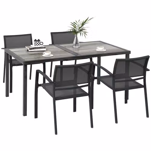 Outsunny 5 Piece Grey Metal Garden Dining Set with Stackable Armchairs