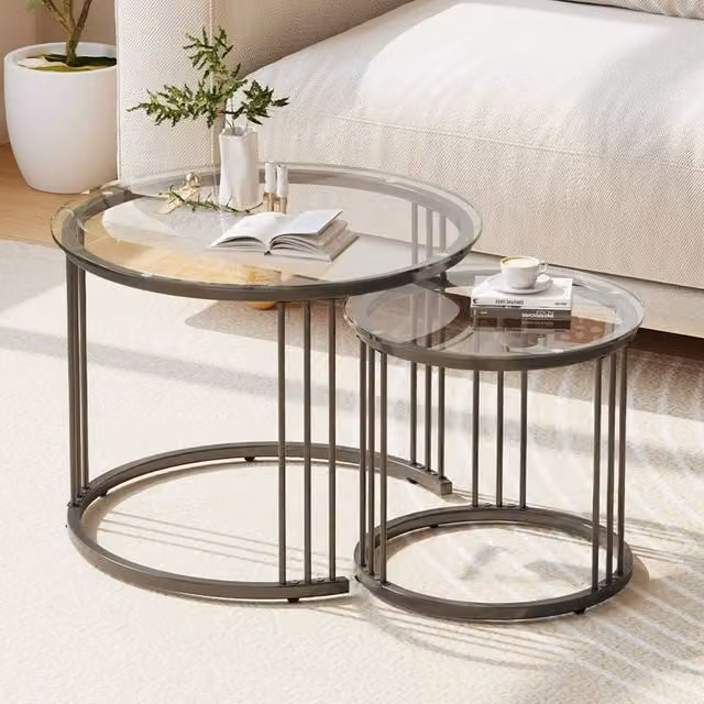 Huhote Elegant Round Nesting Coffee Tables, Set of 2 with Matt Black Metal Frame