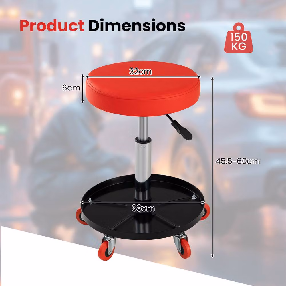 Costway Height Adjustable Mechanic Stool with Wheels and Storage, Red – 2