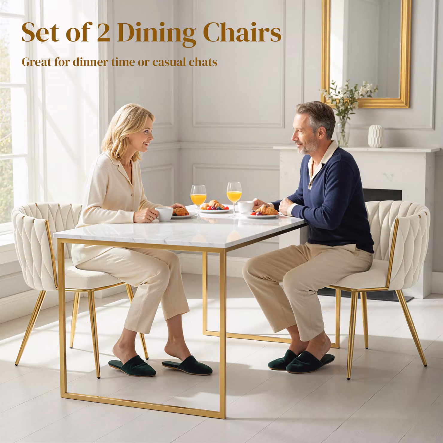 HOMCOM Set of 2 Modern Upholstered Velvet Dining Chairs with Armrests and Metal Legs in Beige – 3