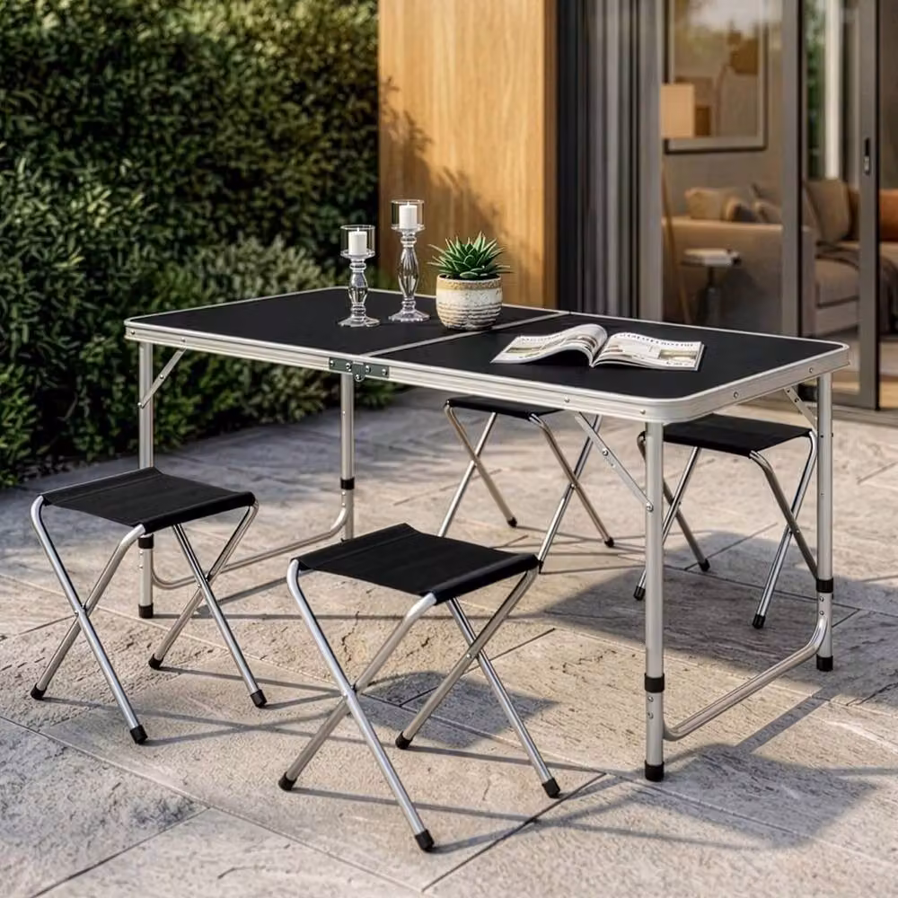 FLAVORA 5 Piece Aluminium Outdoor Camping Table and Stools Set in Black – 5