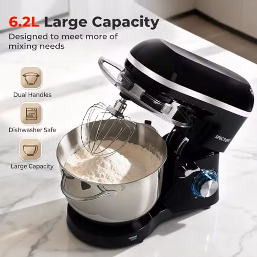 Spector Stand Mixer with 6.2L Stainless Steel Bowl, 1400W Motor and 6 Speeds with Pulse Function in Black – 6