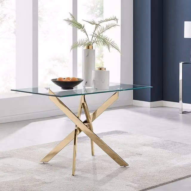 FurnitureboxUK Leonardo Modern 4-Seater Rectangular Glass Dining Table with Gold X-Frame Legs, W: 120 cm