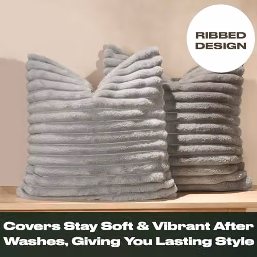 OHS Pack of 4 Grey Faux Fur Ribbed Square Cushion Covers, 45 x 45 cm – 2