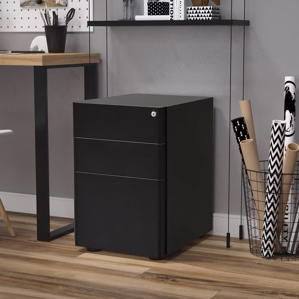 STILVORA Lockable Metal Filing Cabinet with 3 Drawers and Castors in Matt Black, W/D/H: 39 x 48 x 59 cm – 3