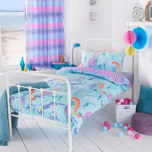 Riva Home Mermaid Reversible Childrens Duvet Cover and Pillowcase Set, Blue, Purple and Pink Polycotton, W: 120 cm, L: 150 cm