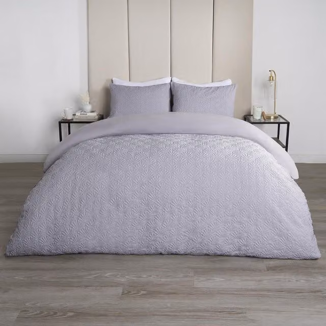 OHS Grey Geometric Embossed Duvet Cover Set, W: 140 cm, H: 200 cm