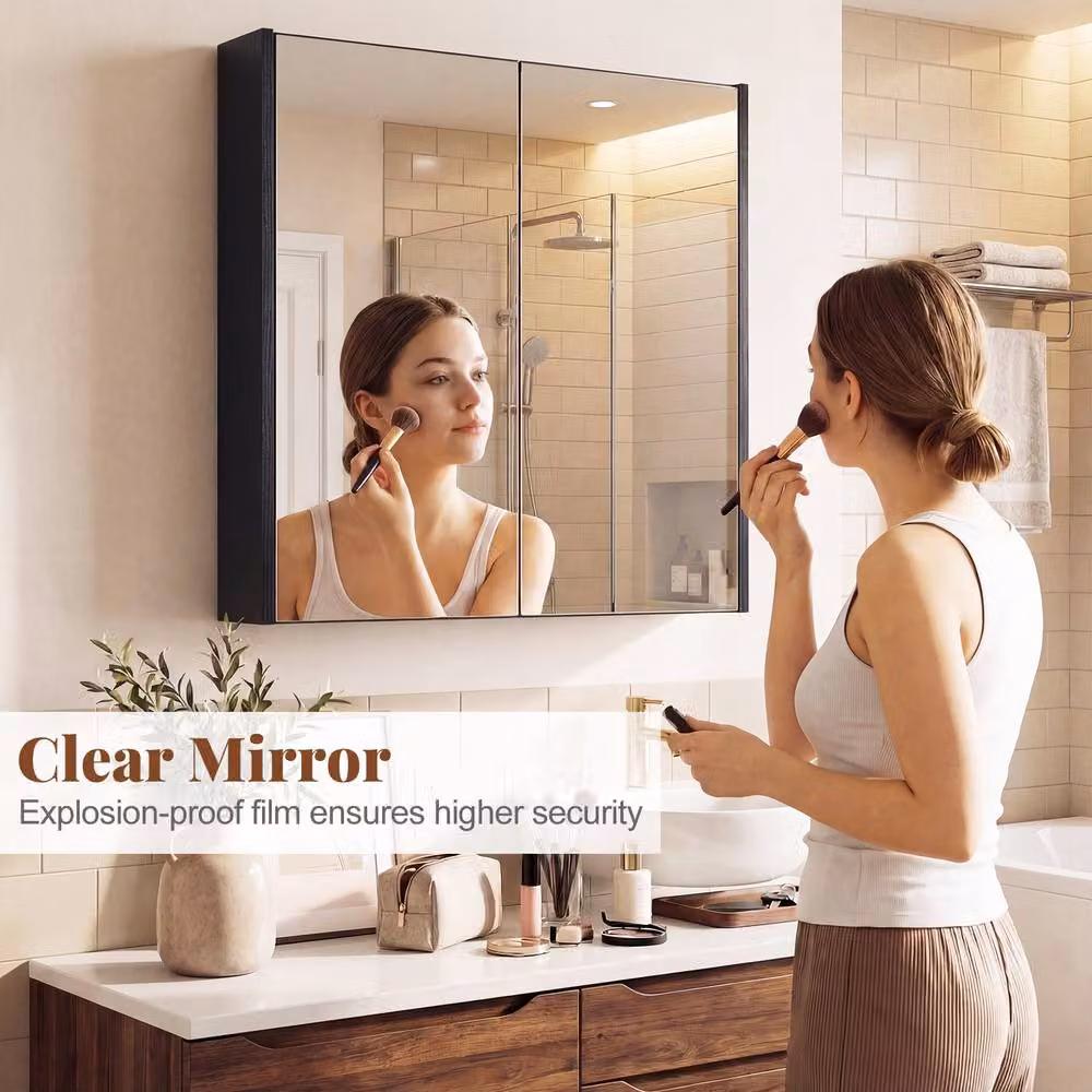 Costway Modern Black Wooden Wall Mounted Bathroom Medicine Cabinet with Mirror and Soft Close Hinged Doors – 8