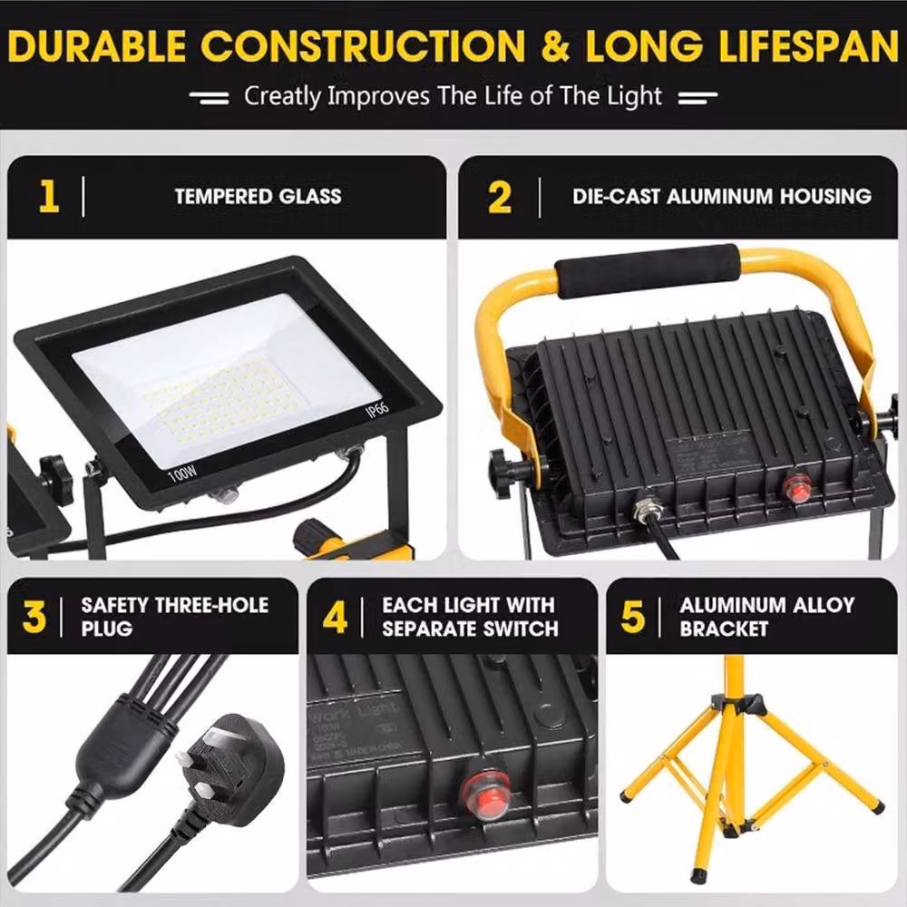 FLAVORA 3x100W Waterproof LED Portable Tripod Floodlight in Yellow – 2