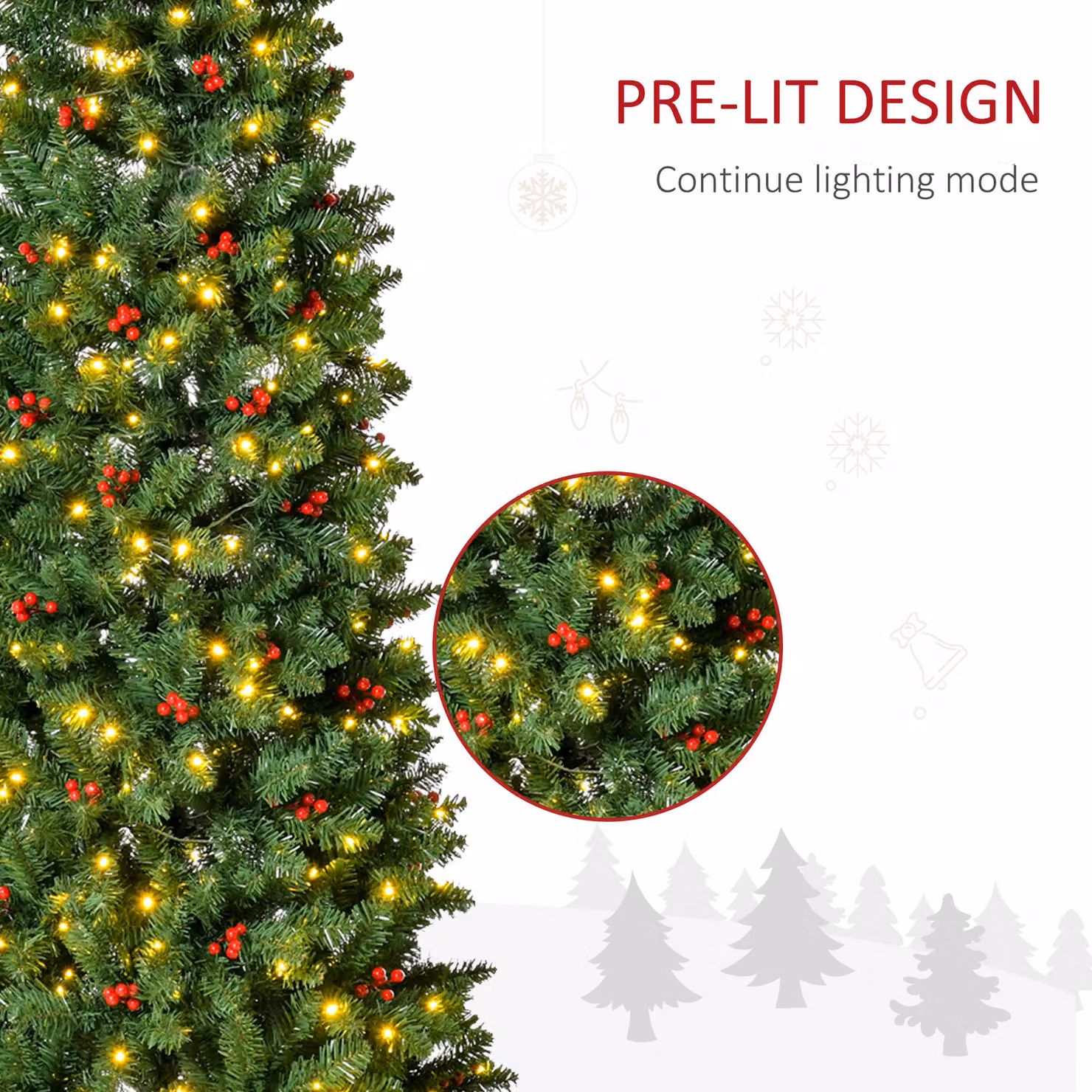 HOMCOM 7ft Prelit Artificial Pencil Christmas Tree with Warm White LED Lights and Red Berries in Green – 5