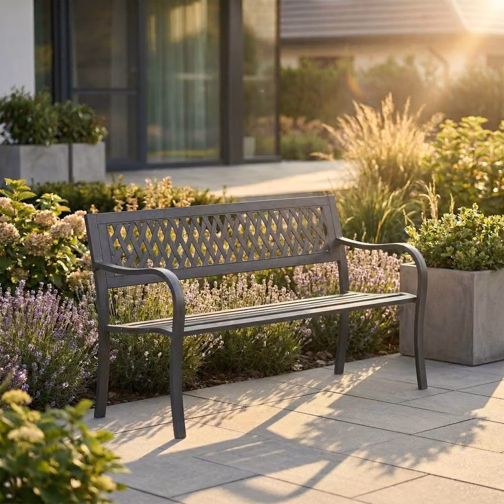 HD Designs Black Matt Metal 3 Seater Lattice Garden Bench with Geometric Vintage Design – 3