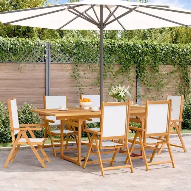 Berkfield Home 7 Piece Modern Garden Dining Set with Extendable Acacia Wood Table and White Fabric Chairs – 1