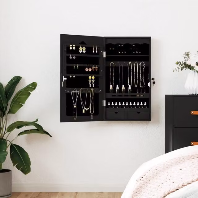Berkfield Home Wall Mounted Mirror Jewellery Cabinet in Black, W: 37.5 cm, D: 10 cm, H: 67 cm