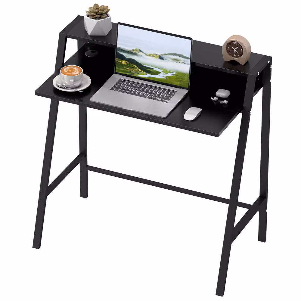 Rolipo Black Writing Desk with Storage Shelf W: 84 cm, D: 45 cm – 2