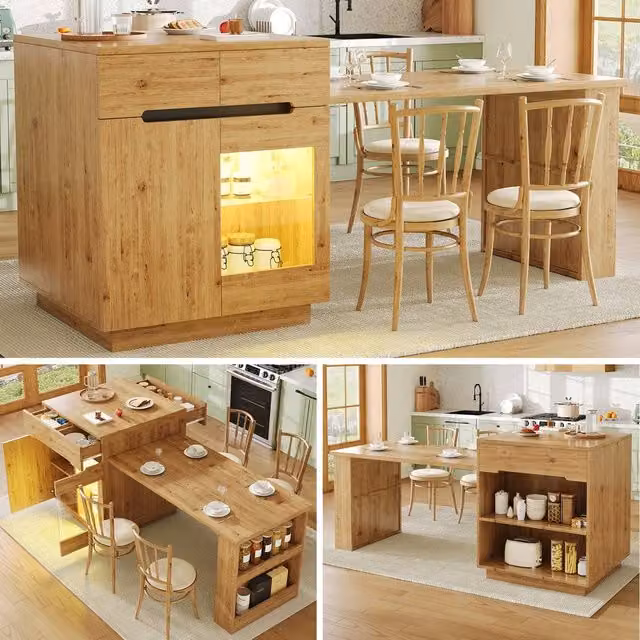 ModernLuxe Kitchen Island with Extendable Table and LED Lighting in Light Oak and Brown