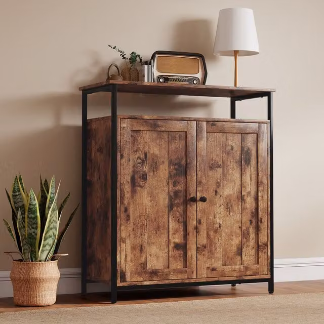 Levede Industrial Style Walnut Storage Cabinet with 2 Doors in Brown