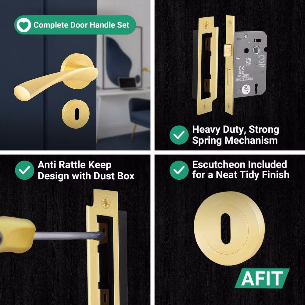 AFIT Novi Satin Brass Door Handle Pair with 64mm Sash Lock Escutcheon, Gold, W/D/H: 15 x 15 x 1.52 cm – 6