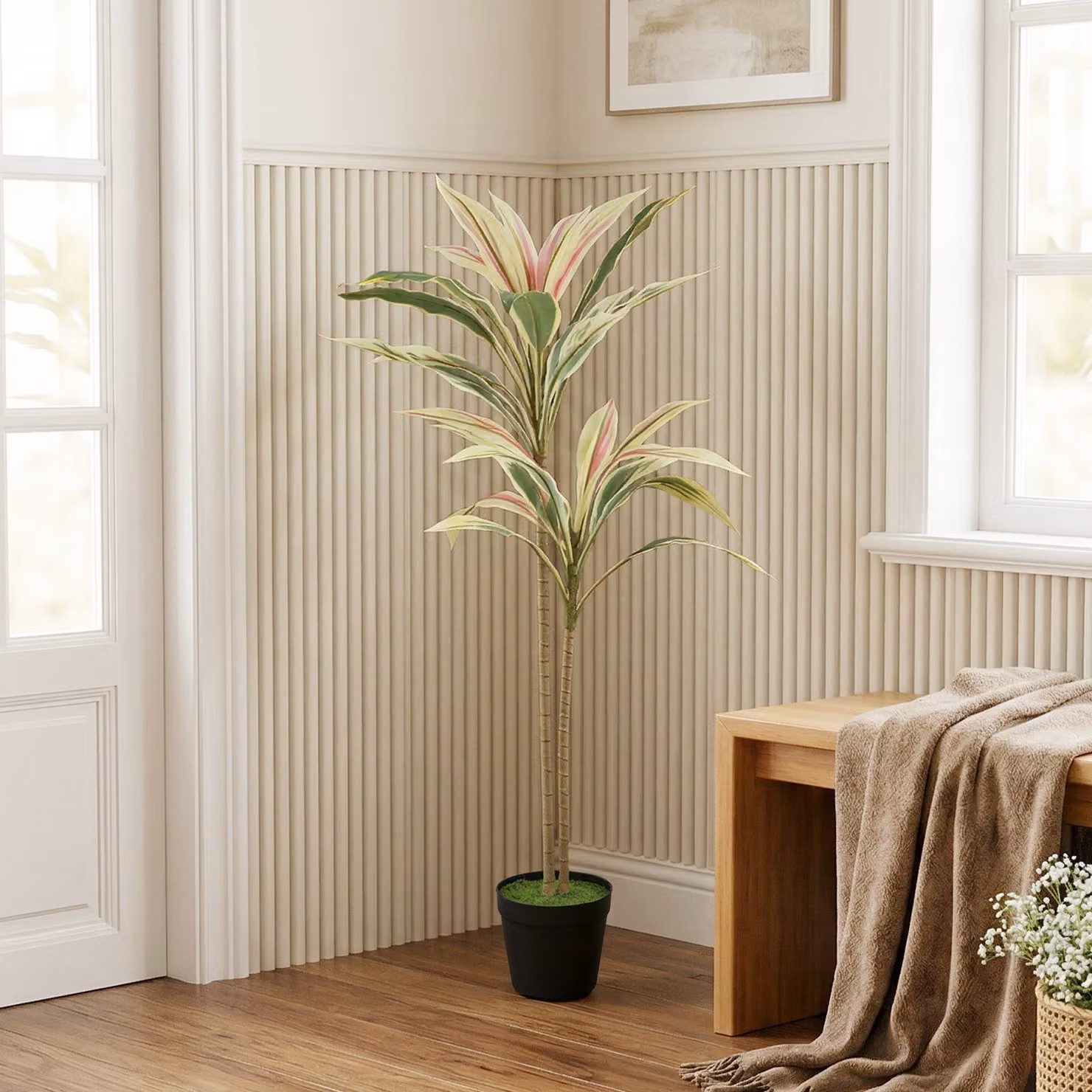 HOMCOM 90 cm Artificial Cordyline Tree in Yellow and Green Moss Effect Pot – 2
