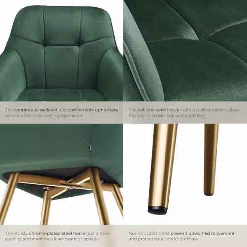 tectake Marilyn Set of 2 Dining Chairs with Velvet Fabric and Gold Metal Legs in Dark Green/Gold – 6