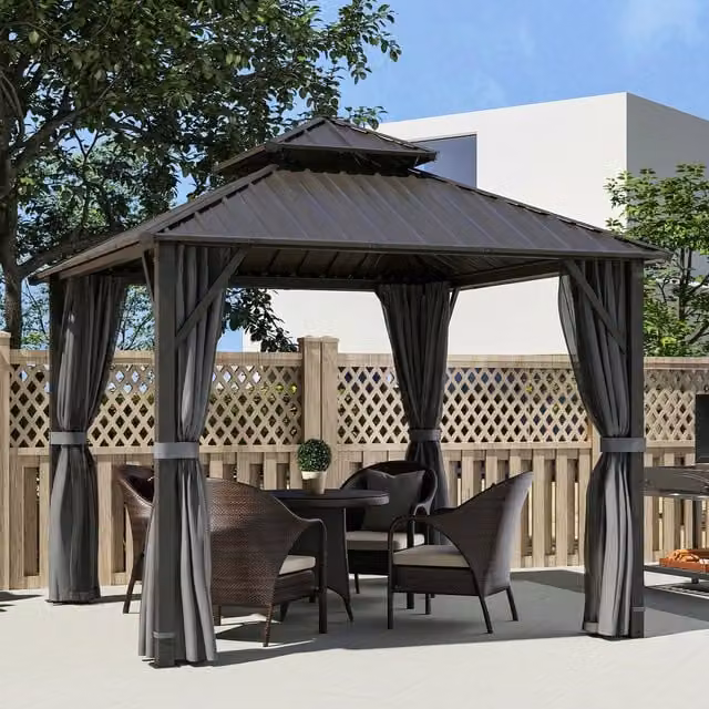 Outsunny Grey Hardtop Gazebo with Metal Roof, Netting and Curtains, W/D: 300 x 300 cm