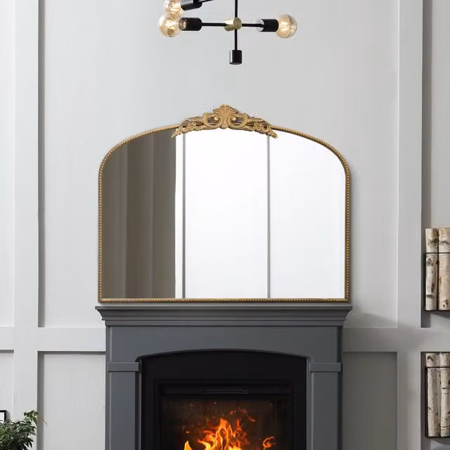 MirrorOutlet Crown Overmantle Arched Wall Mirror with Metal Frame in Gold