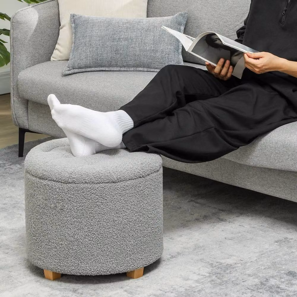 NESTLUNE Round Storage Ottoman in Grey Cashmere Fabric, Diameter: 45 cm, Height: 45 cm – 2