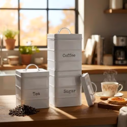 Harbour Housewares 3-Piece Metal Tea, Coffee and Sugar Canister Set in White with Airtight Lids – 2