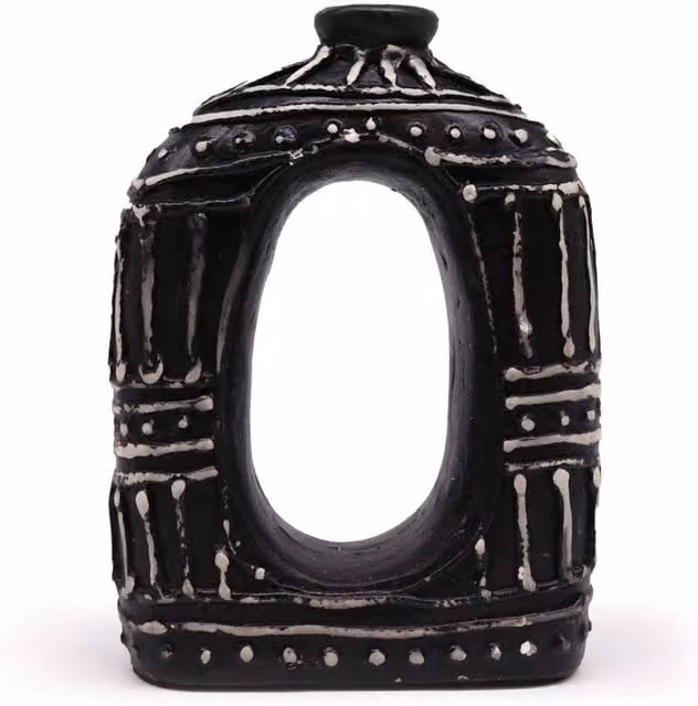 KDMD Oval Donut Shaped Ceramic Tabletop Vase in Black and Brown, Height: 23 cm