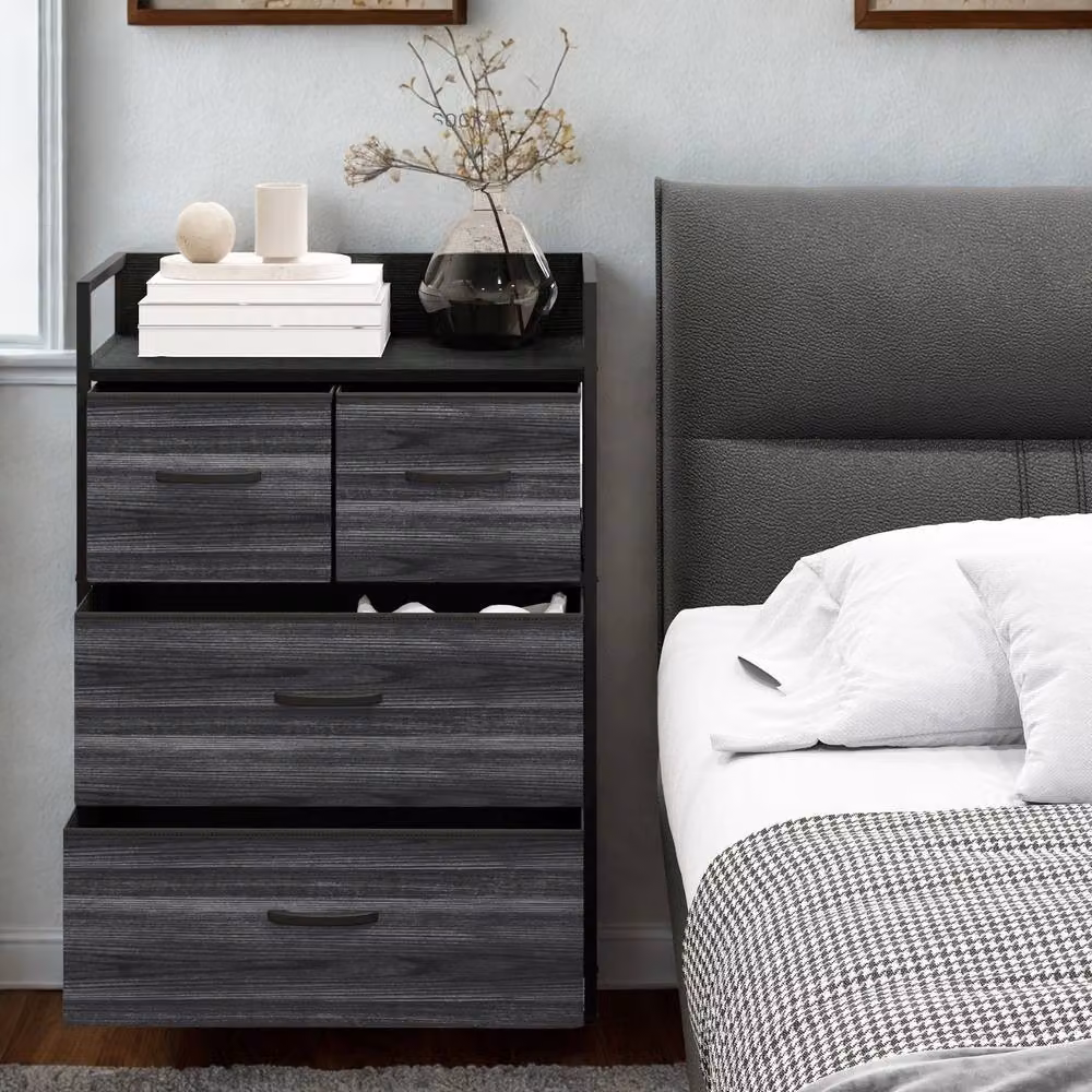 FURNOS Industrial 4 Fabric Drawer Chest Storage Unit with Shelftop, Black, H: 85 cm x W: 60 cm x D: 29 cm – 3