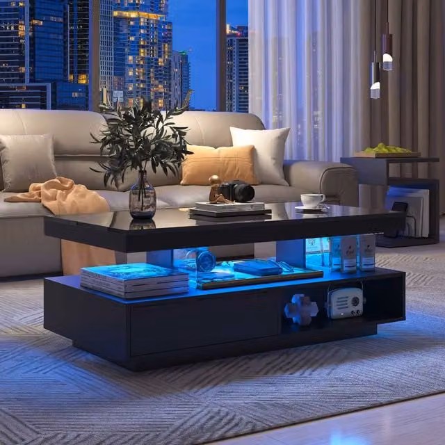 STILVORA Modern Rectangular Coffee Table with Glass Top and Glossy Black Finish