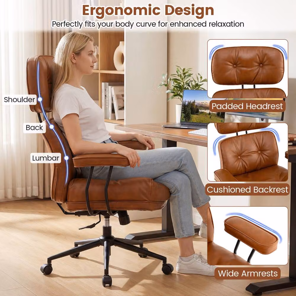 Gymax Brown Synthetic Leather Upholstered Office Chair with Tufted Seat, Headrest and Swivel Castors – 4
