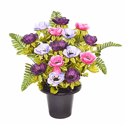 Sincere Floral Artificial Rose and Anemone Memorial Graveside Flower Bowl in Purple and Multicolour, Height: 29 cm
