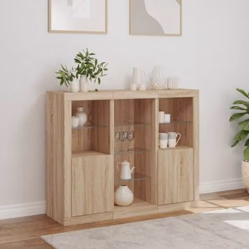vidaXL Set of 3 Modern Sonoma Oak Sideboards with Integrated LED Lighting in Brown – 2