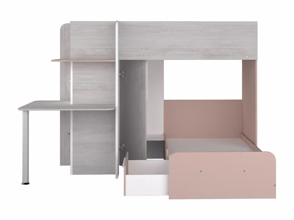 Vente-unique Corner Bunk Beds with Desk and Drawers, Grey, White and Pink, W/D/H: 190 x 90 x 160.1 cm – 2