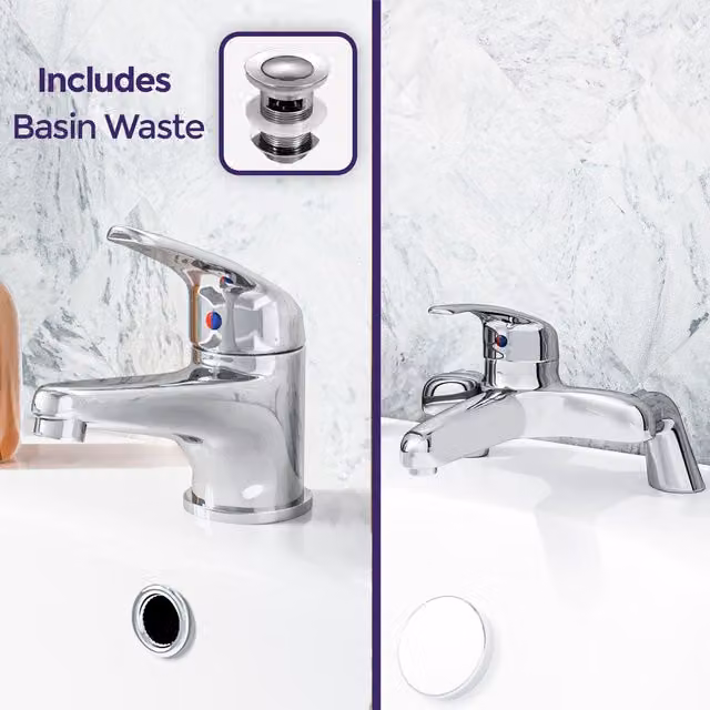 Nes Home Dame Chrome Silver Basin Mono Mixer Tap and Bath Filler Tap with Pop-Up Waste