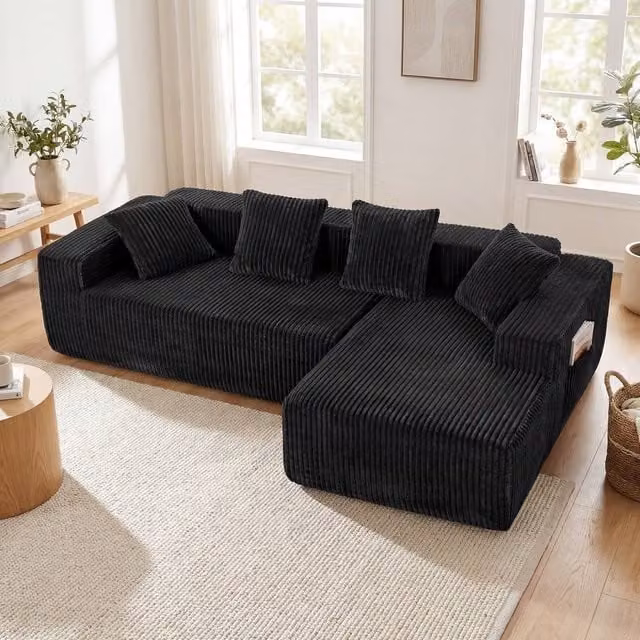 Dprodo 261 cm Modular Right L-Shaped 4 Seater Sectional Corner Sofa in Black Velvet Cord Fabric – 1