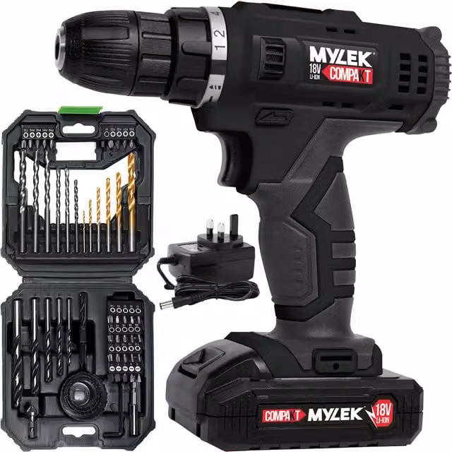MYLEK 18V Li-ion Cordless Drill and Combi Driver with 56 Piece Accessory Kit, Black