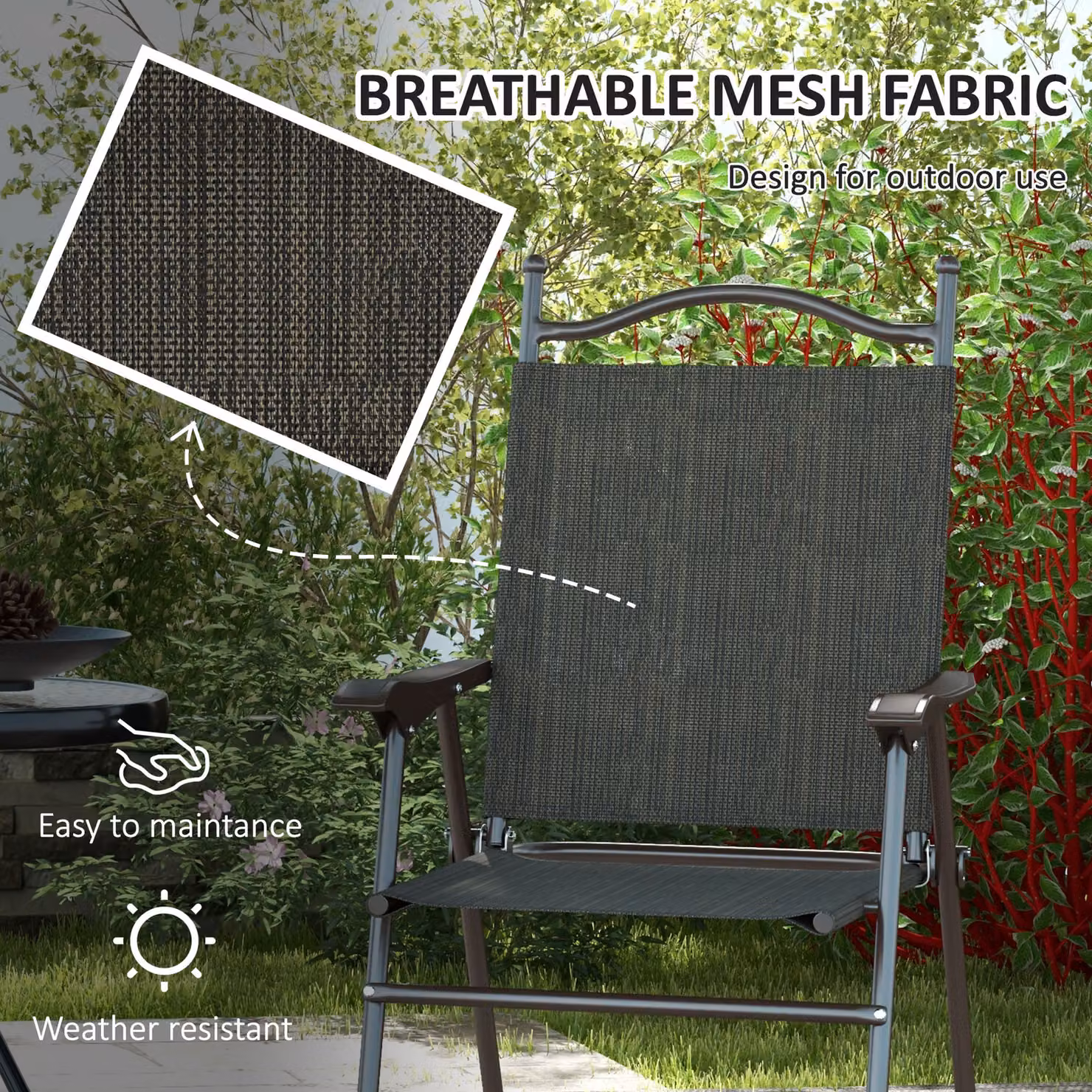 Outsunny Folding Chair Set with Armrests and Brown Textilene Mesh Fabric Seat – 5