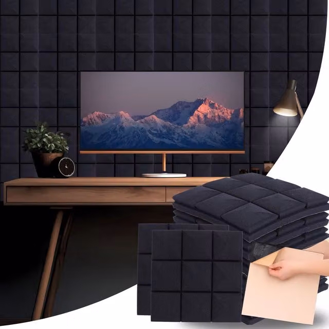 NOVECRAFTO Self-Adhesive Acoustic Wall Panels, Black Pyramid Dome Polyurethane Foam, 12 Pack, Depth: 4.5 cm