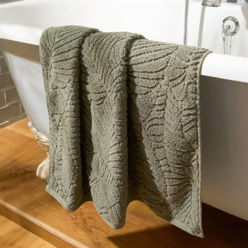 OHS Green Floral Jacquard Cotton Bath Hand Towel with Hanging Loop – 3