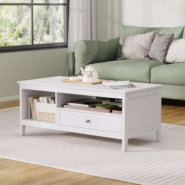 Livingandhome White Rectangular Coffee Table with Storage Drawer