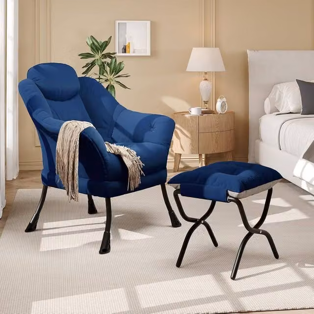 London Boutique Modern Blue Fabric Lounge Chair Set with Ottoman and Integrated Side Pocket – 1