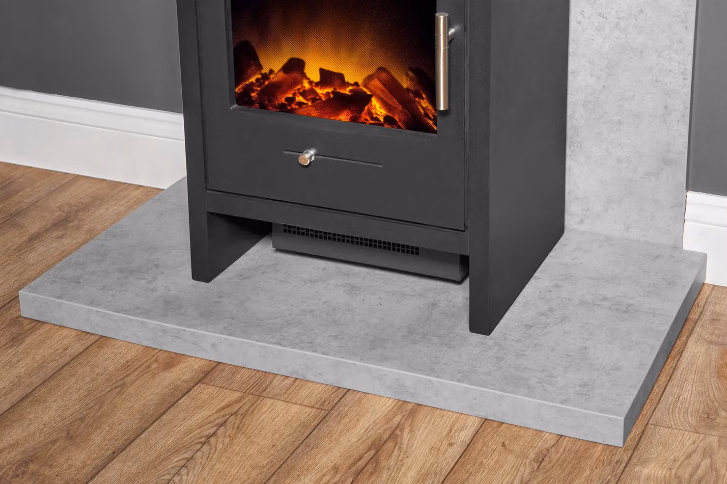 Acantha Fires & Fireplaces Tile and Hearth Set in Concrete Effect with Bergen Stove and Angled Pipe in Grey – 4