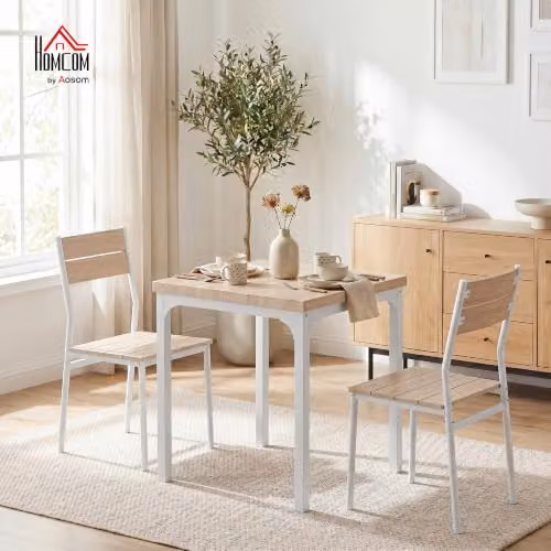 HOMCOM 3 Piece Industrial Dining Set with Square Table and 2 Chairs in Sand, Beige or White – 2