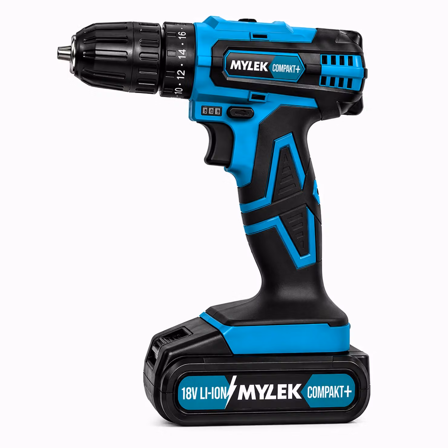 MYLEK 18V Cordless Li-Ion Drill with Accessory Kit and Carry Case in Blue – 3