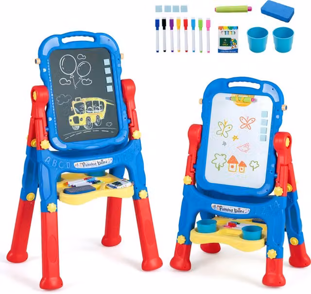 COSTWAY Height Adjustable Art Easel and Whiteboard for Children in Blue and Multicolour