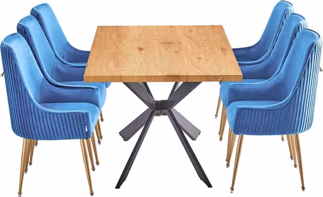 Life Interiors Soho Duke LUX Dining Set with Square Table and 6 Blue and Gold Upholstered Chairs