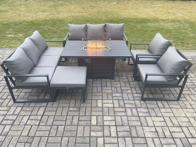 Fimous Aluminium Outdoor Garden Furniture Set with Gas Fire Pit Dining Table and Large Footstool in Dark Grey