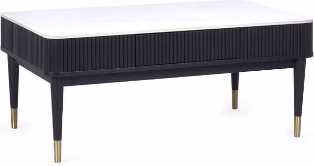 Cheshire Fluted Stone Top Coffee Table with 2 Drawers in White Marble and Black – 1